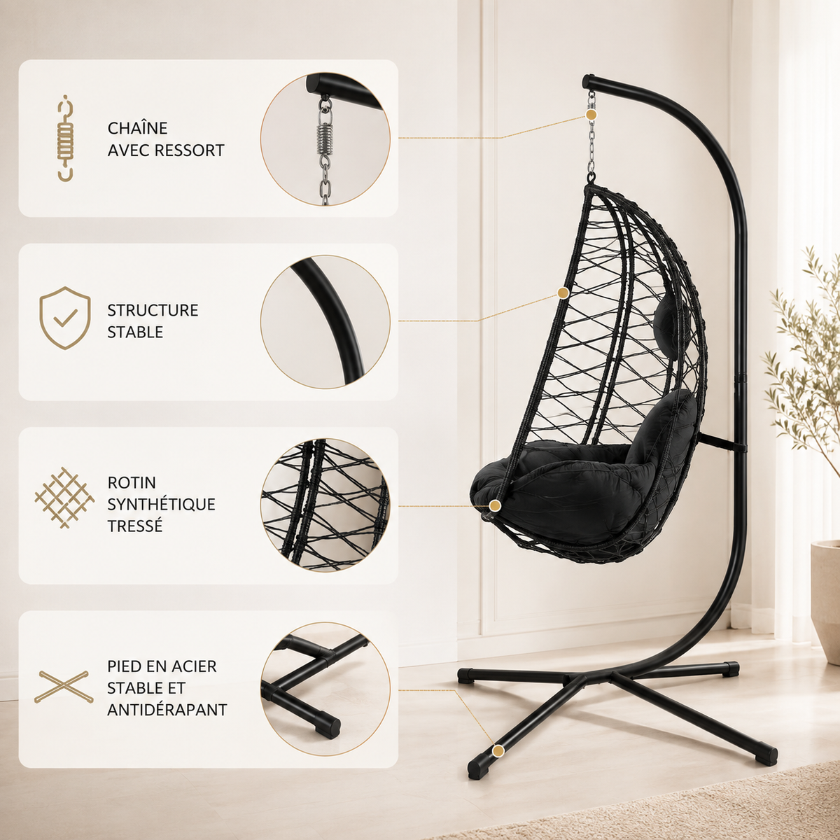 Le Mistral, Fauteuil Suspendu en Rotin Noir | Summerbed